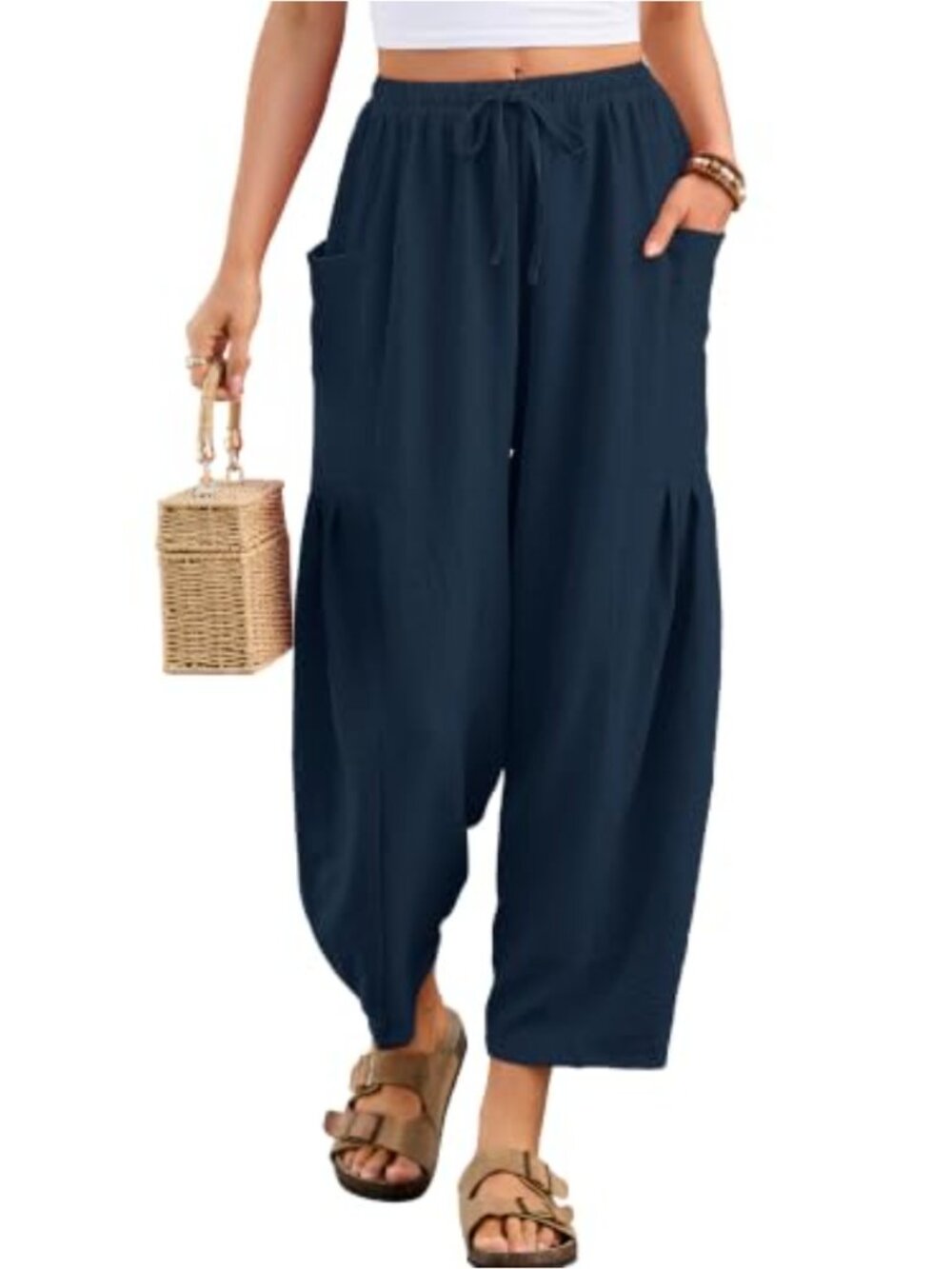 Wide Leg Pants Drawstring Palazzo Harem Trousers w/Pockets